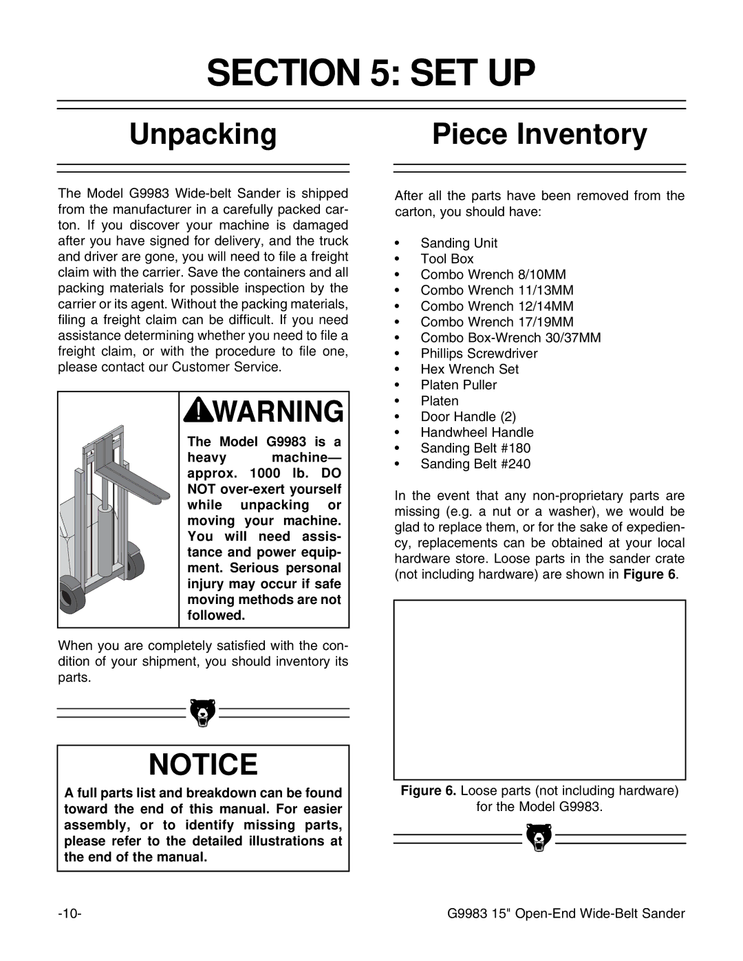 Grizzly G9983 instruction manual Set Up, Unpacking, Piece Inventory 