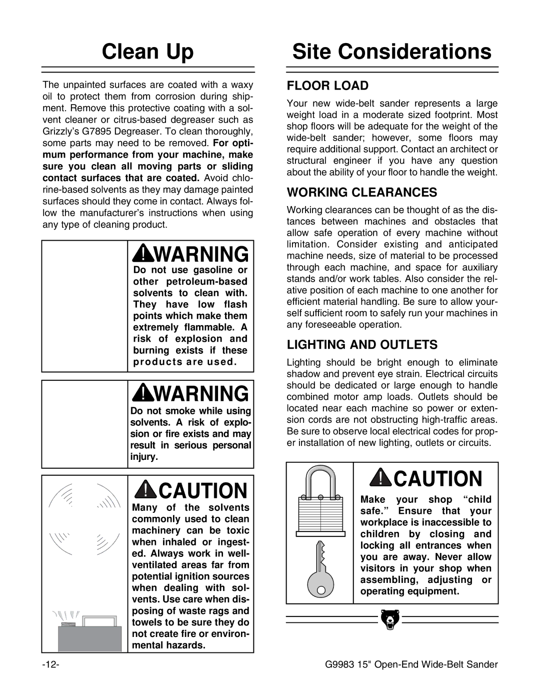 Grizzly G9983 instruction manual Clean Up, Site Considerations 