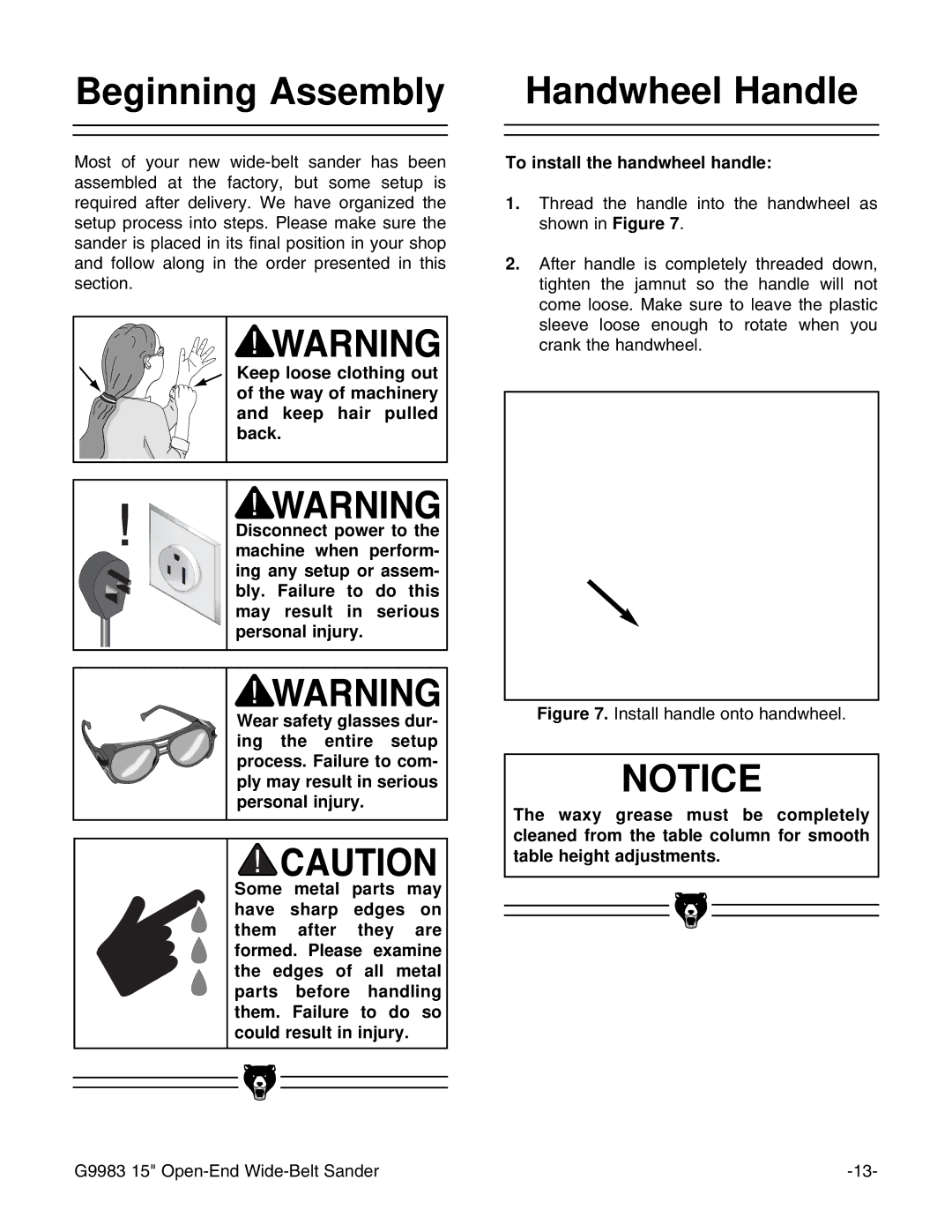 Grizzly G9983 instruction manual Beginning Assembly, Handwheel Handle, To install the handwheel handle 