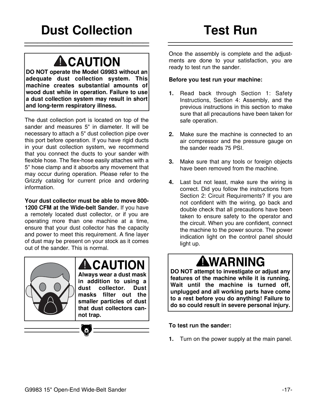 Grizzly G9983 instruction manual Dust Collection Test Run, Before you test run your machine 