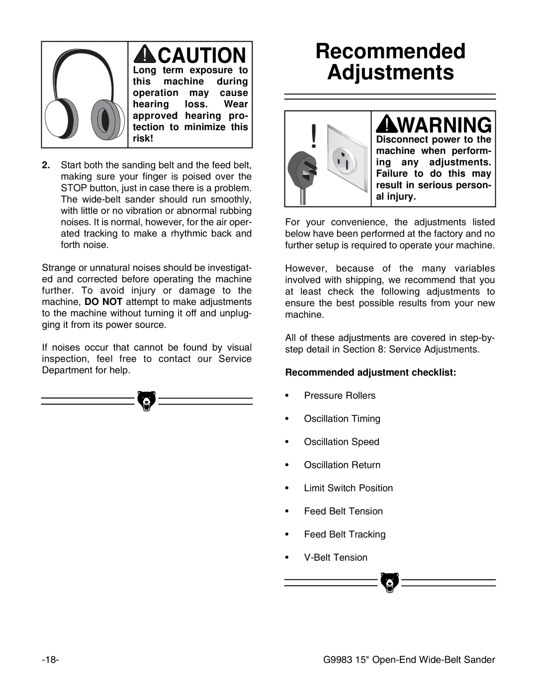 Grizzly G9983 instruction manual Recommended Adjustments, Recommended adjustment checklist 