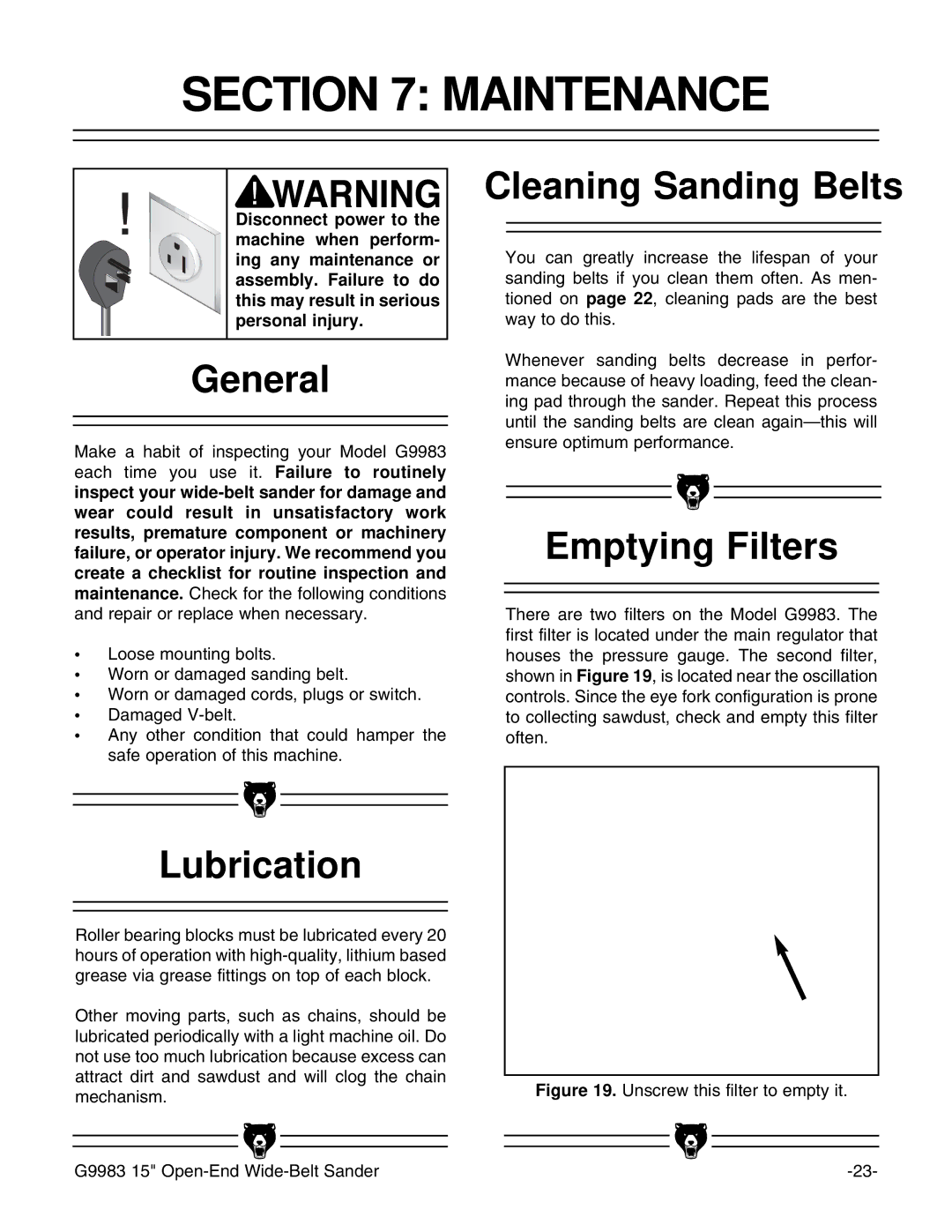 Grizzly G9983 instruction manual Maintenance, General, Cleaning Sanding Belts, Emptying Filters, Lubrication 