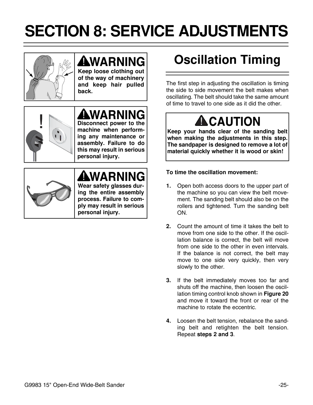 Grizzly G9983 instruction manual Service Adjustments, Oscillation Timing 