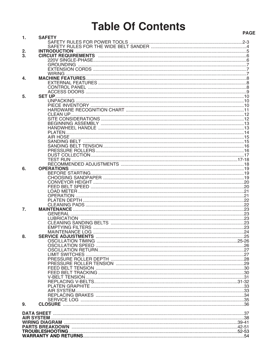 Grizzly G9983 instruction manual Table Of Contents 