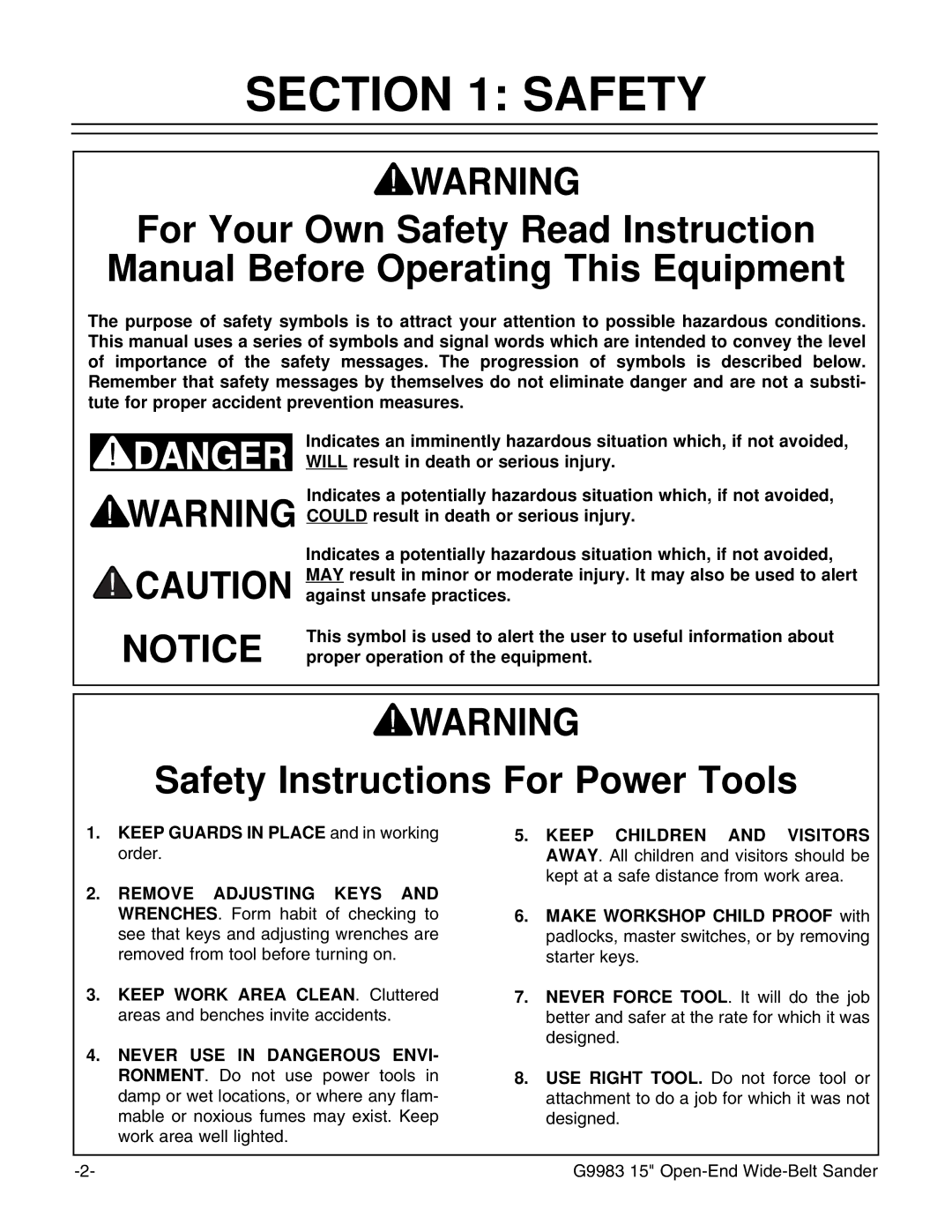 Grizzly G9983 instruction manual Safety Instructions For Power Tools 