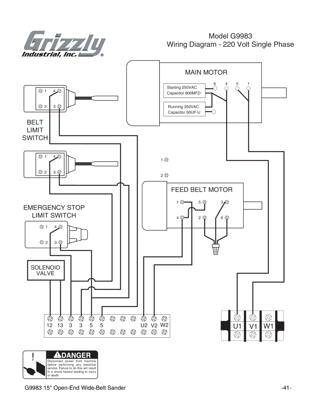 Grizzly instruction manual Model G9983 Wiring Diagram 220 Volt Single Phase 