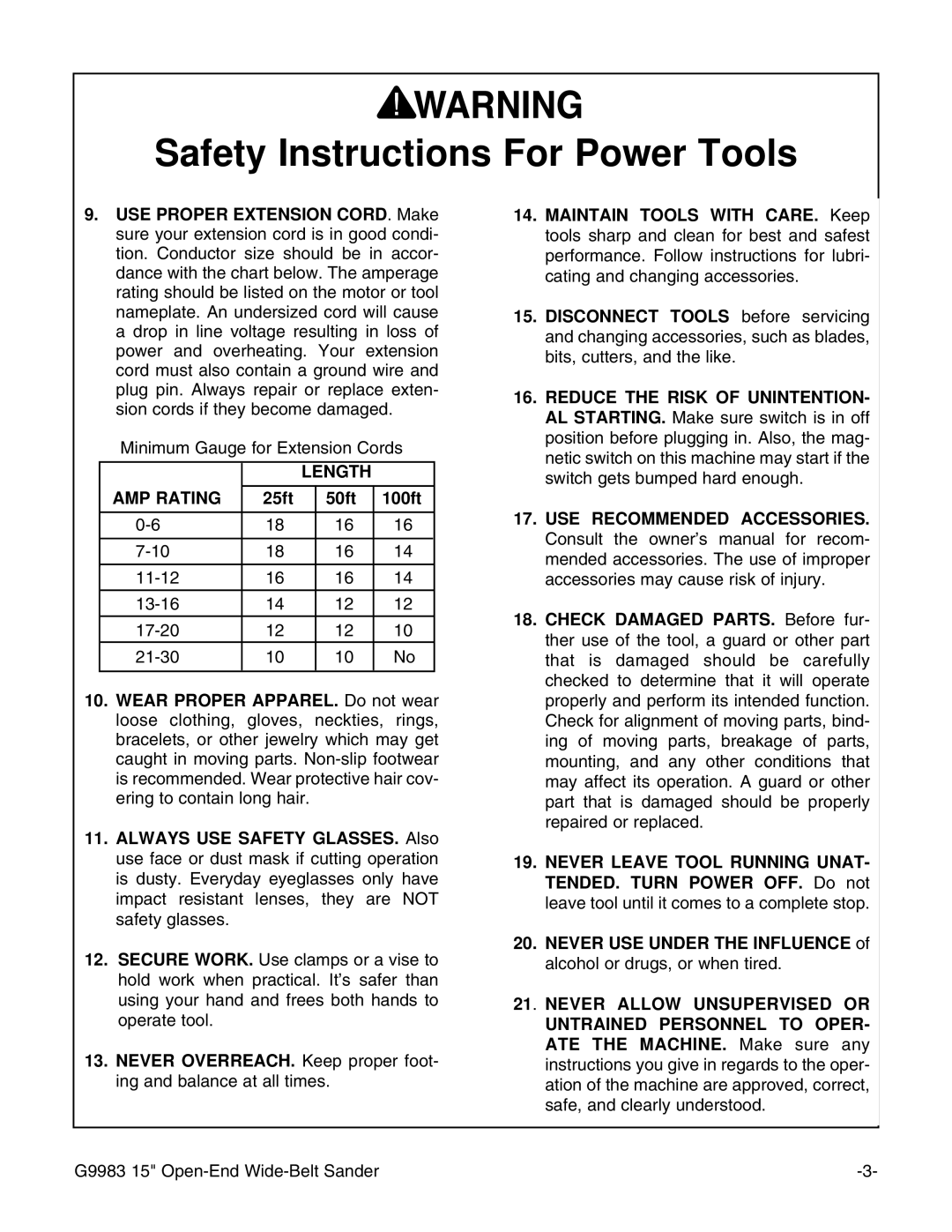 Grizzly G9983 instruction manual Length AMP Rating, 25ft 50ft 100ft 