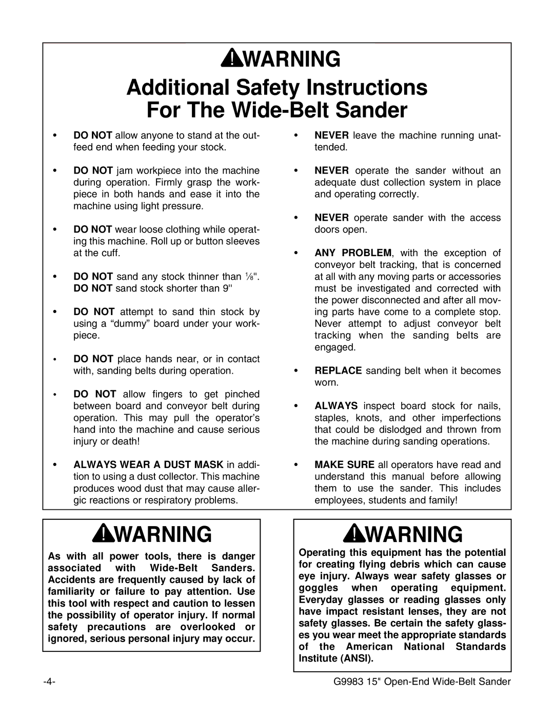 Grizzly G9983 instruction manual Additional Safety Instructions For The Wide-Belt Sander 