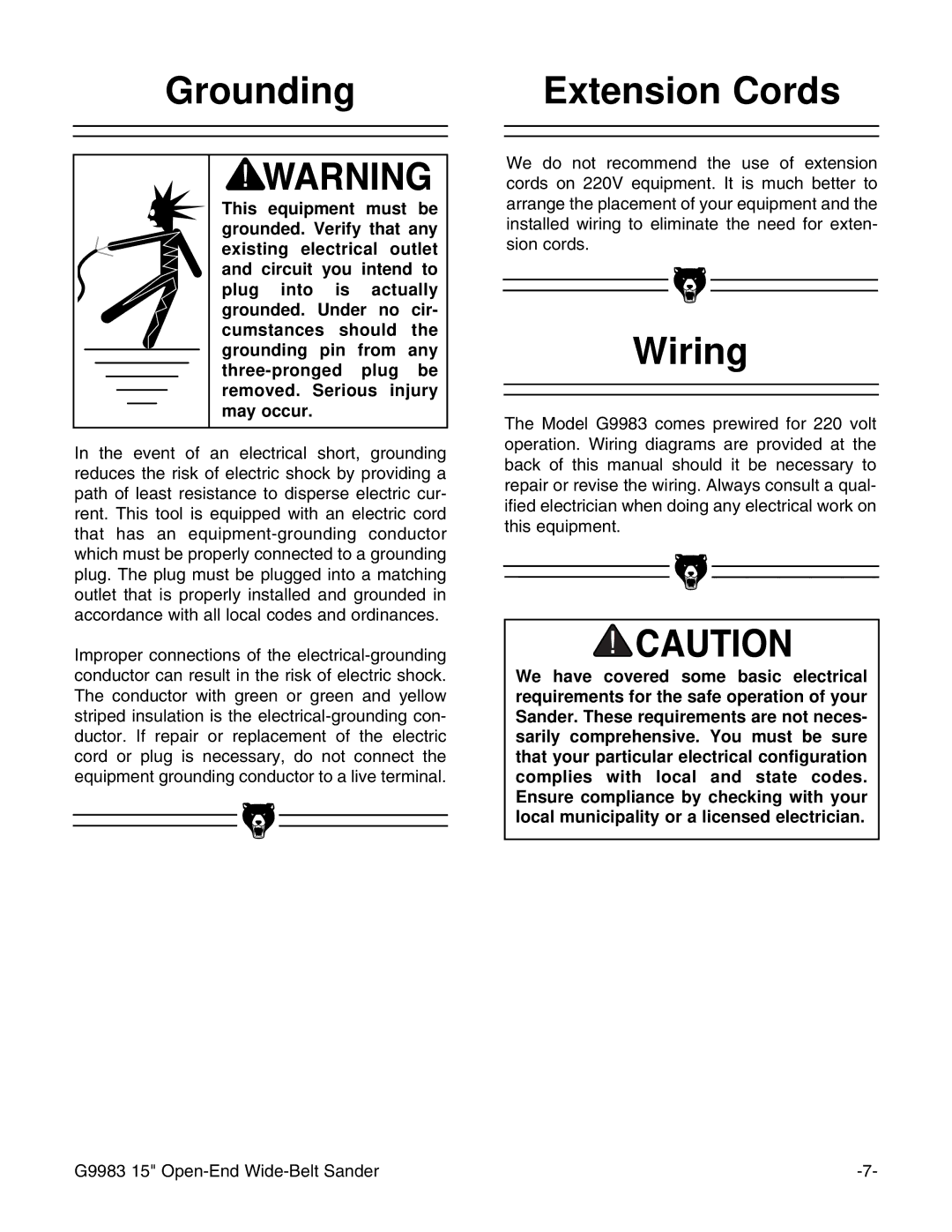 Grizzly G9983 instruction manual Grounding, Extension Cords, Wiring 