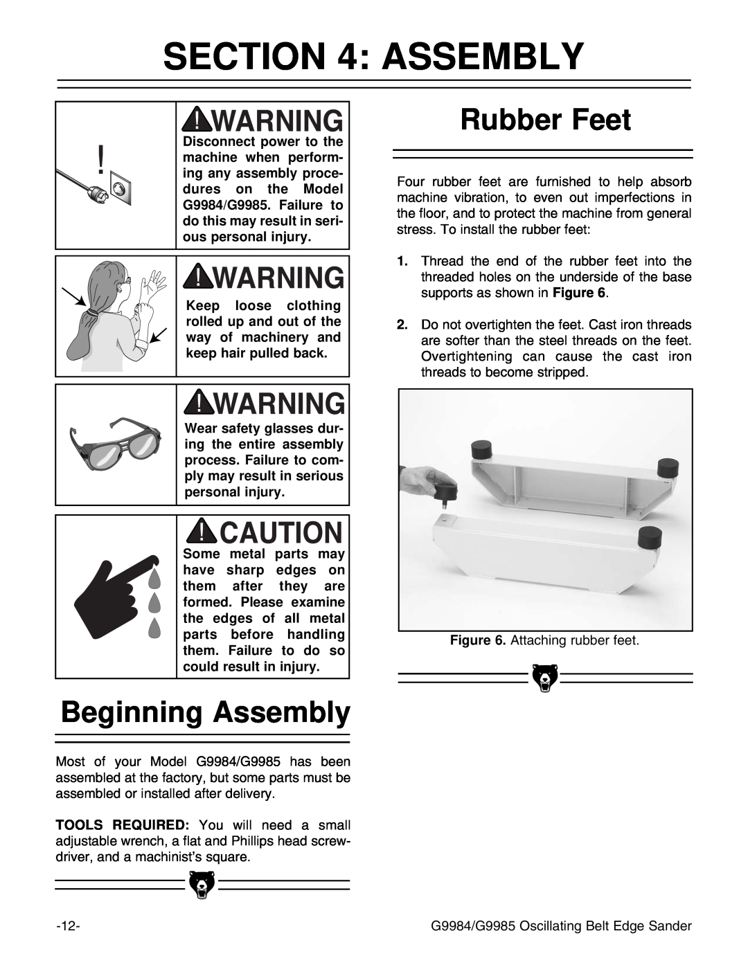 Grizzly G9984, G9985 instruction manual Beginning Assembly, Rubber Feet 