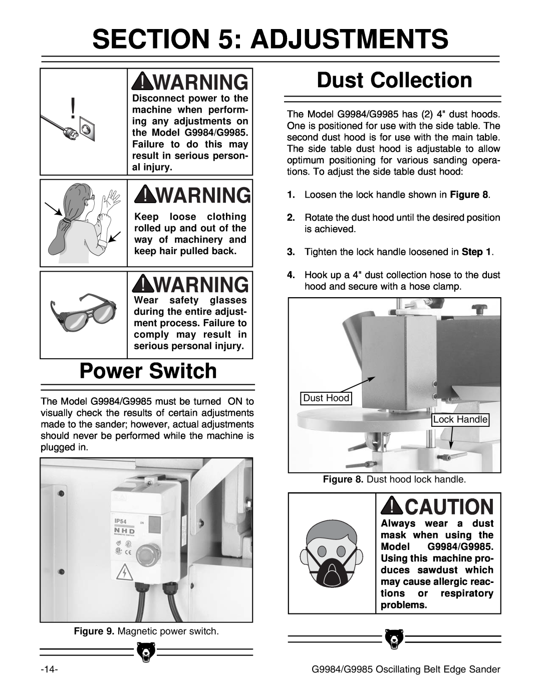 Grizzly G9984, G9985 instruction manual Adjustments, Power Switch, Dust Collection 