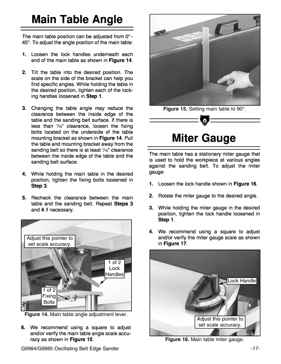 Grizzly G9985, G9984 instruction manual Main Table Angle, Miter Gauge 