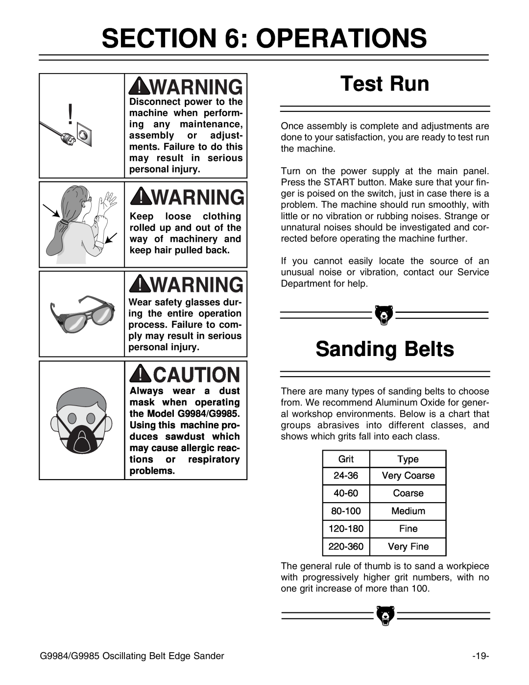 Grizzly G9985, G9984 instruction manual Operations, Test Run, Sanding Belts 