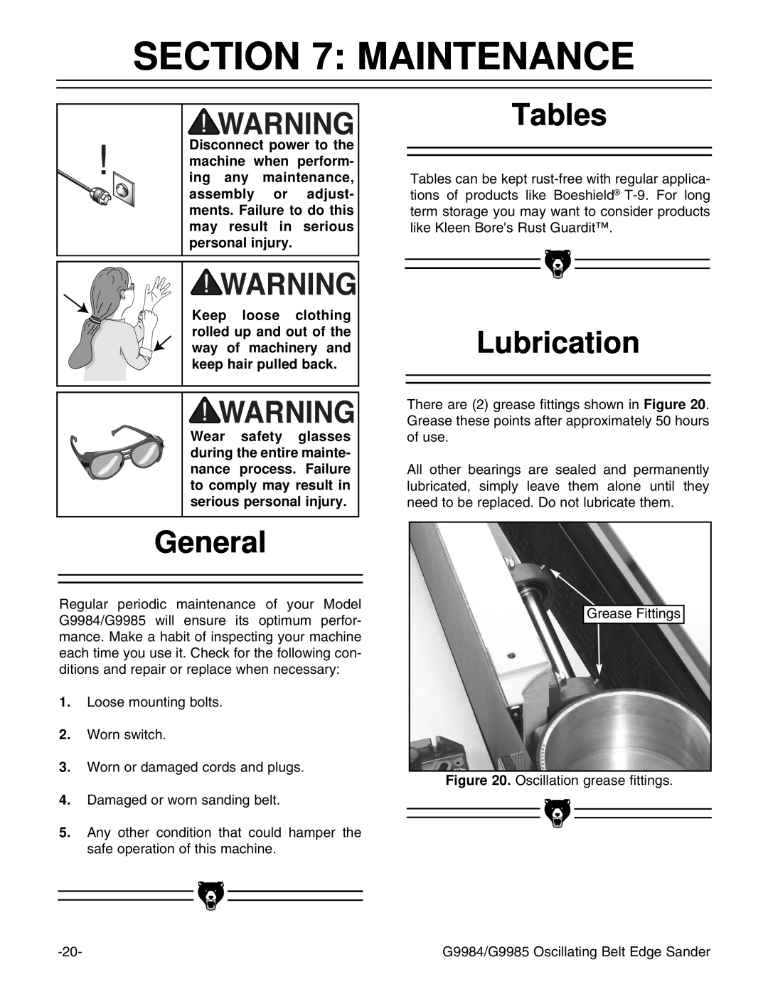 Grizzly G9984, G9985 instruction manual Maintenance, General, Tables, Lubrication 