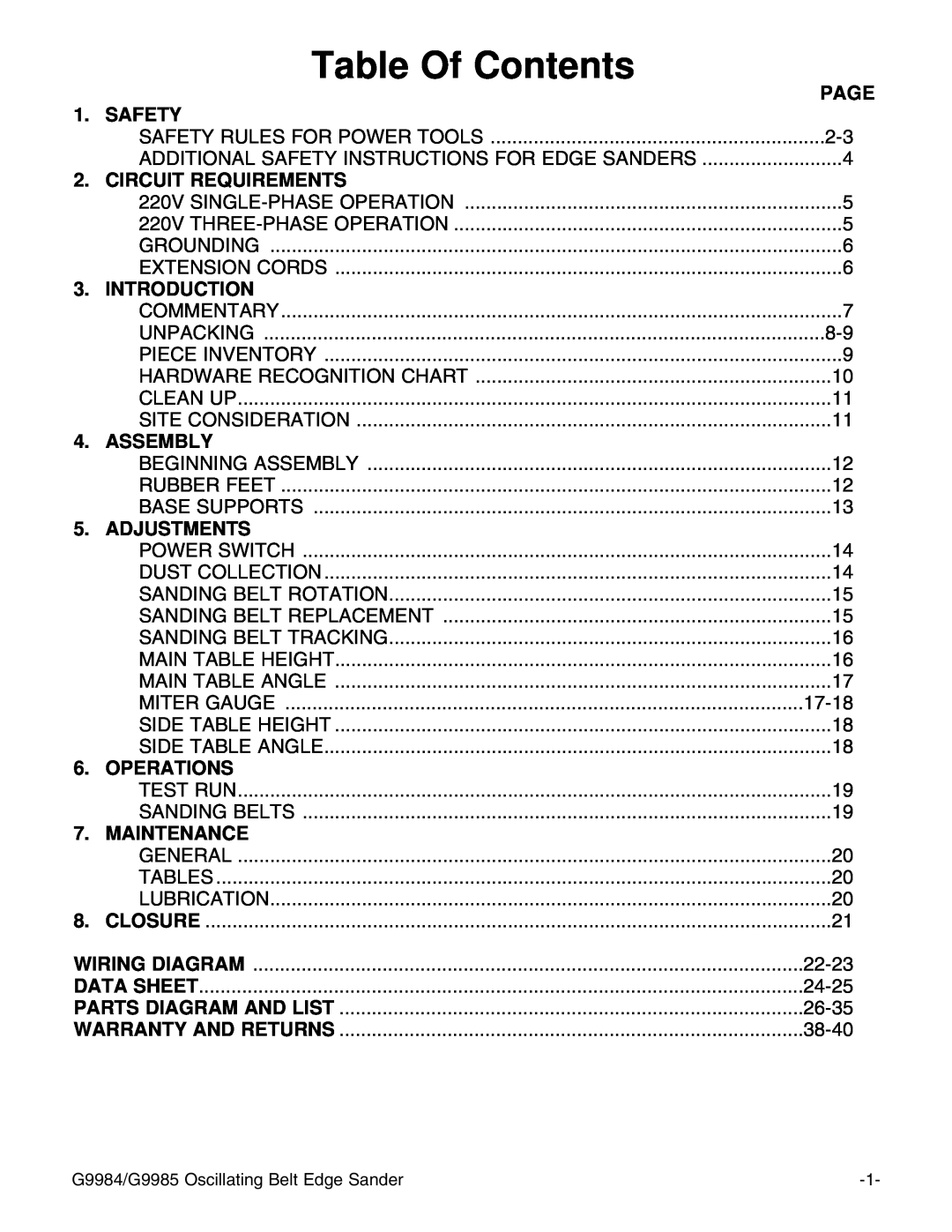 Grizzly G9985 Table Of Contents, Page, Safety, Circuit Requirements, Introduction, Assembly, Adjustments, 17-18, 22-23 