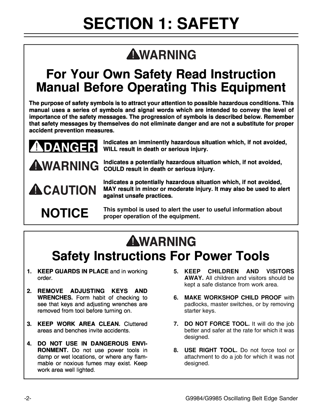 Grizzly G9984, G9985 instruction manual Safety Instructions For Power Tools 