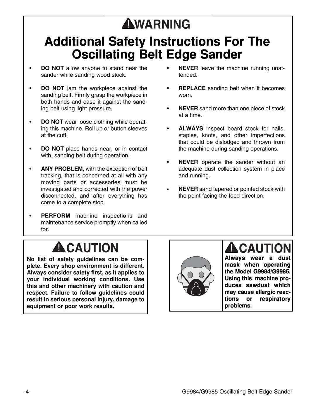 Grizzly G9984, G9985 instruction manual Additional Safety Instructions For The Oscillating Belt Edge Sander 