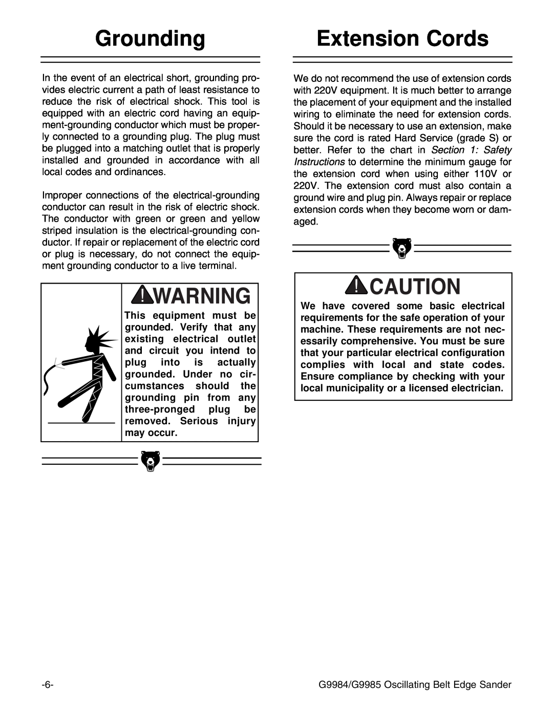 Grizzly G9984, G9985 instruction manual Grounding, Extension Cords 