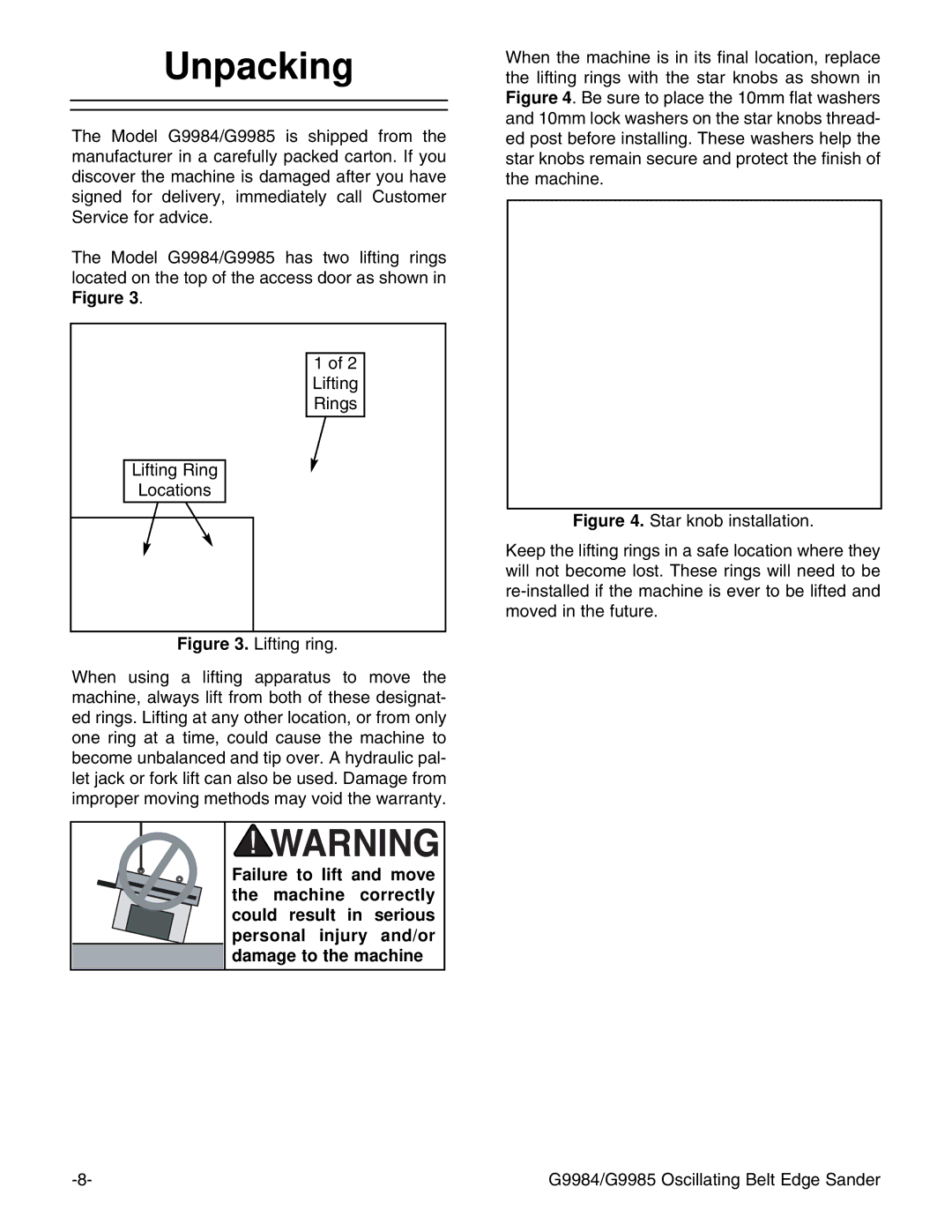 Grizzly G9984/G9985 instruction manual Unpacking 