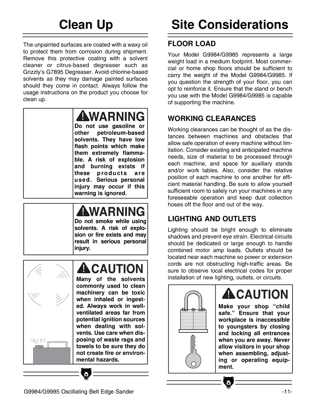 Grizzly G9984/G9985 instruction manual Clean Up, Site Considerations 