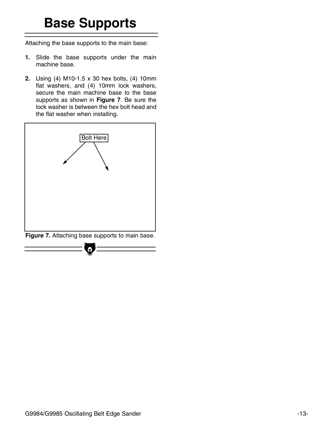 Grizzly G9984/G9985 instruction manual Base Supports 