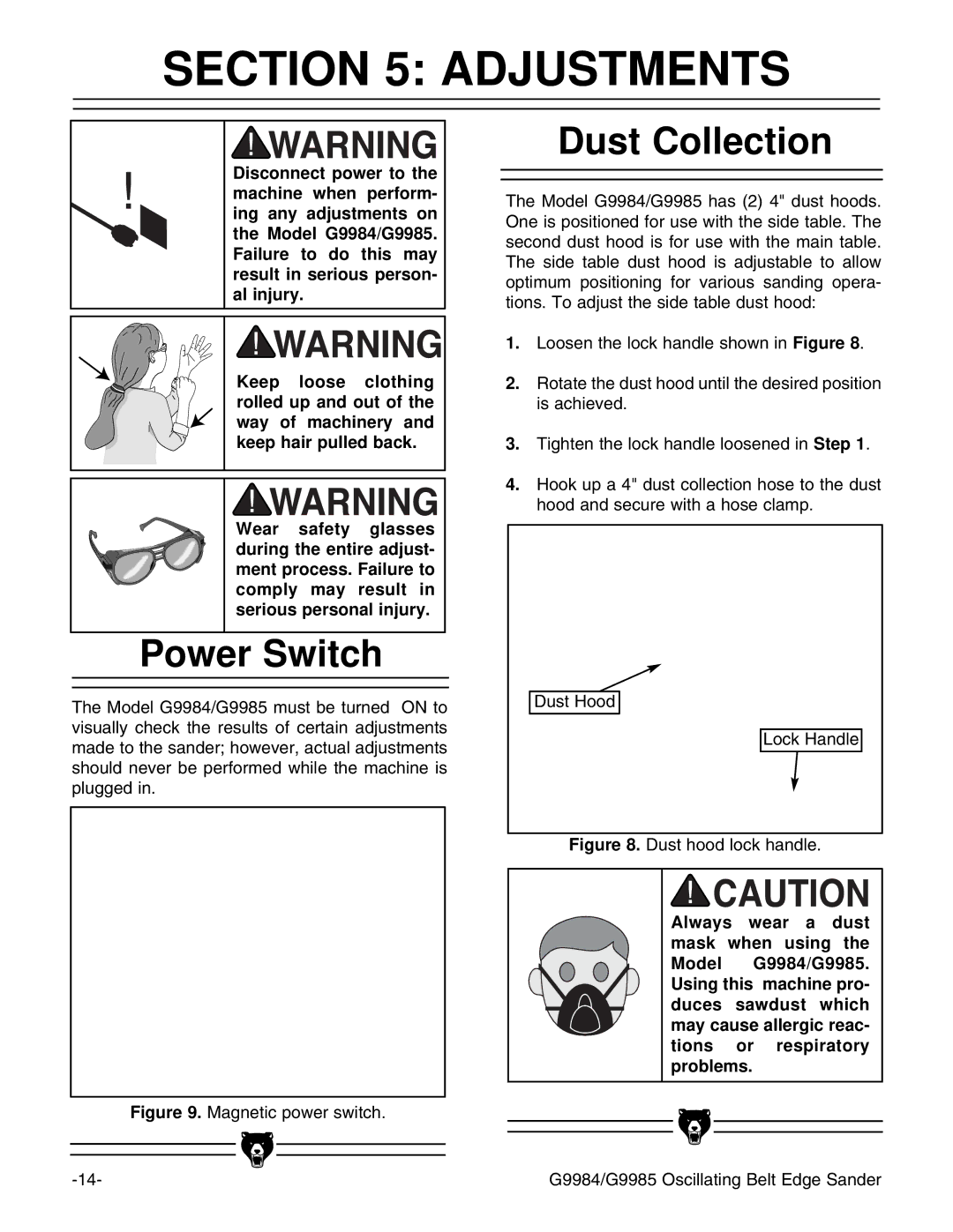 Grizzly G9984/G9985 instruction manual Adjustments, Power Switch, Dust Collection 