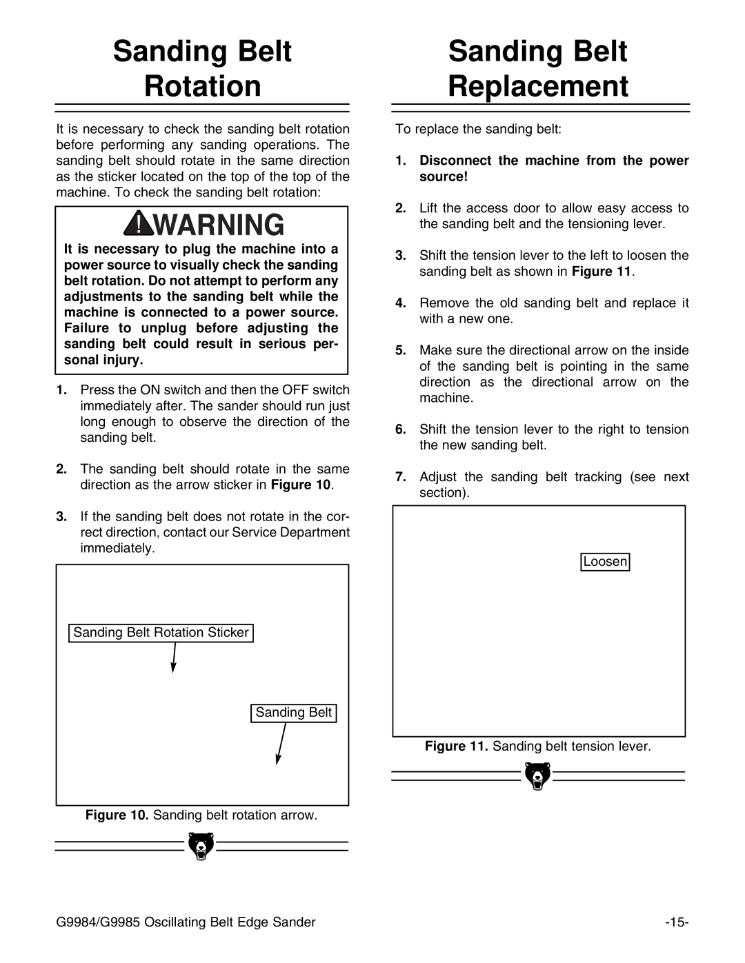 Grizzly G9984/G9985 instruction manual Sanding Belt Rotation, Sanding Belt Replacement 