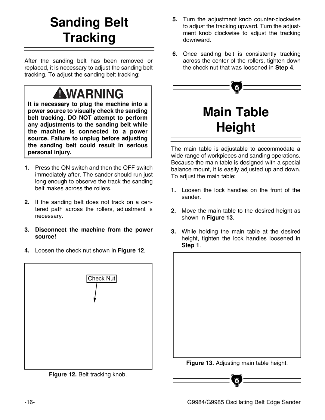 Grizzly G9984/G9985 instruction manual Sanding Belt Tracking, Main Table Height 