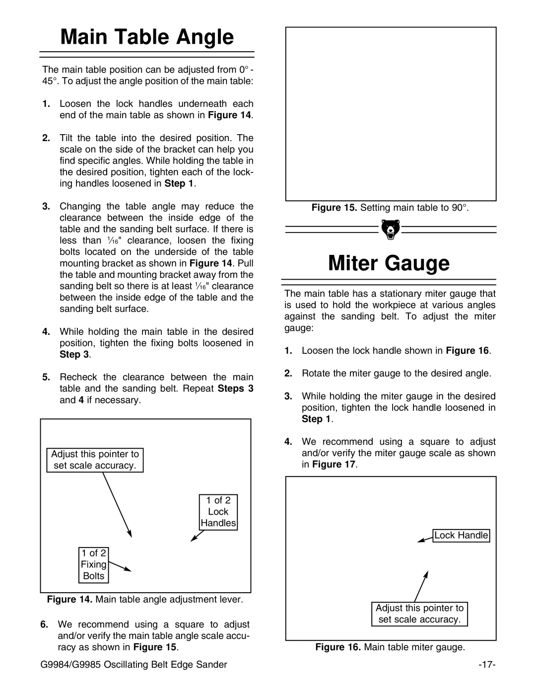 Grizzly G9984/G9985 instruction manual Main Table Angle, Miter Gauge 