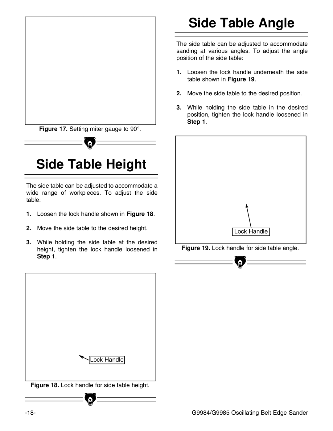 Grizzly G9984/G9985 instruction manual Side Table Angle, Side Table Height 