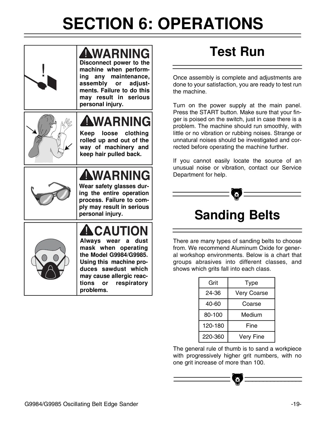 Grizzly G9984/G9985 instruction manual Operations, Test Run, Sanding Belts 