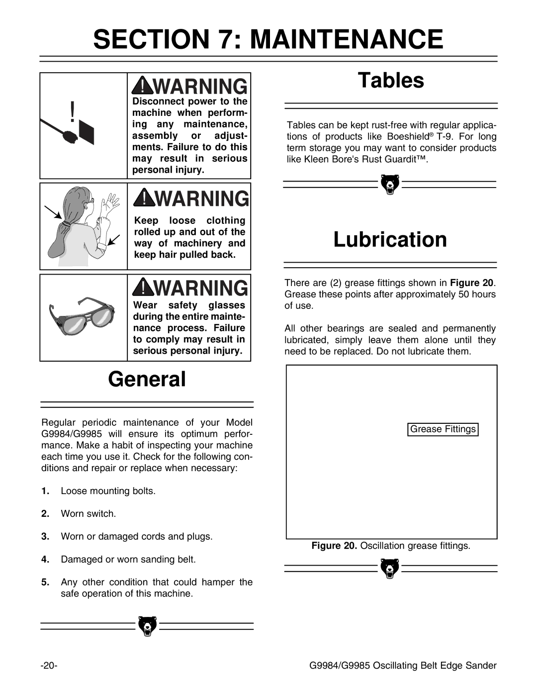 Grizzly G9984/G9985 instruction manual Maintenance, General, Tables, Lubrication 