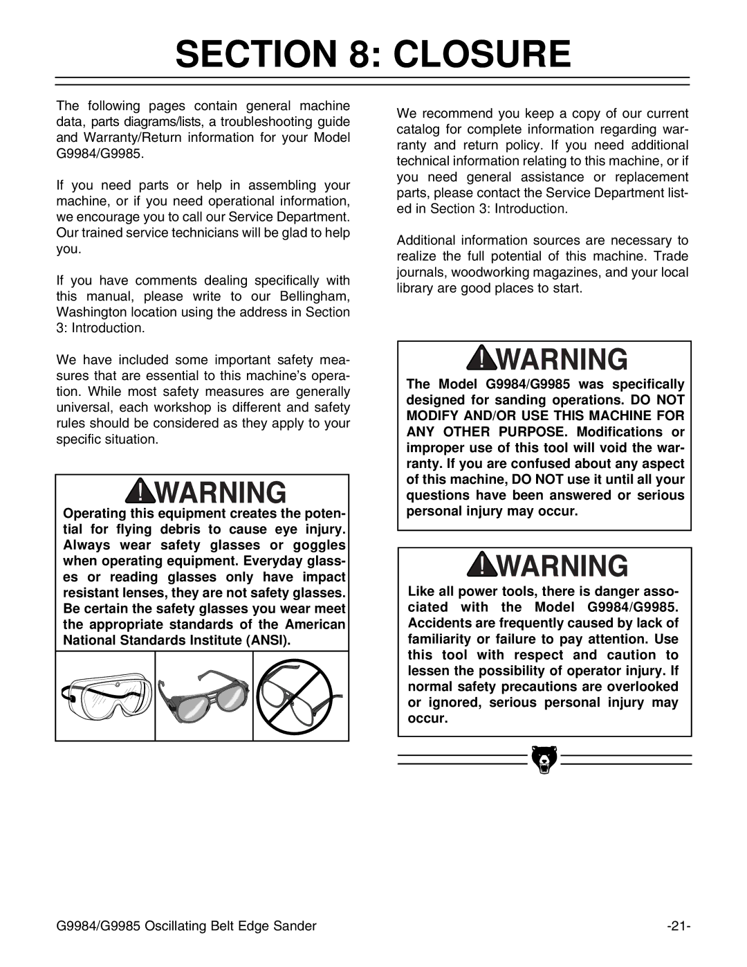 Grizzly G9984/G9985 instruction manual Closure 