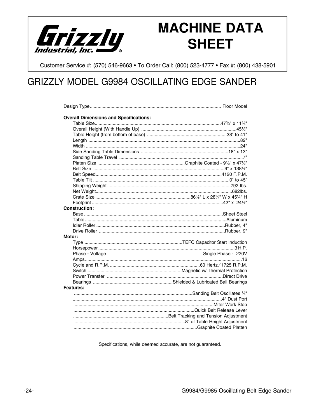 Grizzly G9984/G9985 instruction manual Machine Data Sheet 