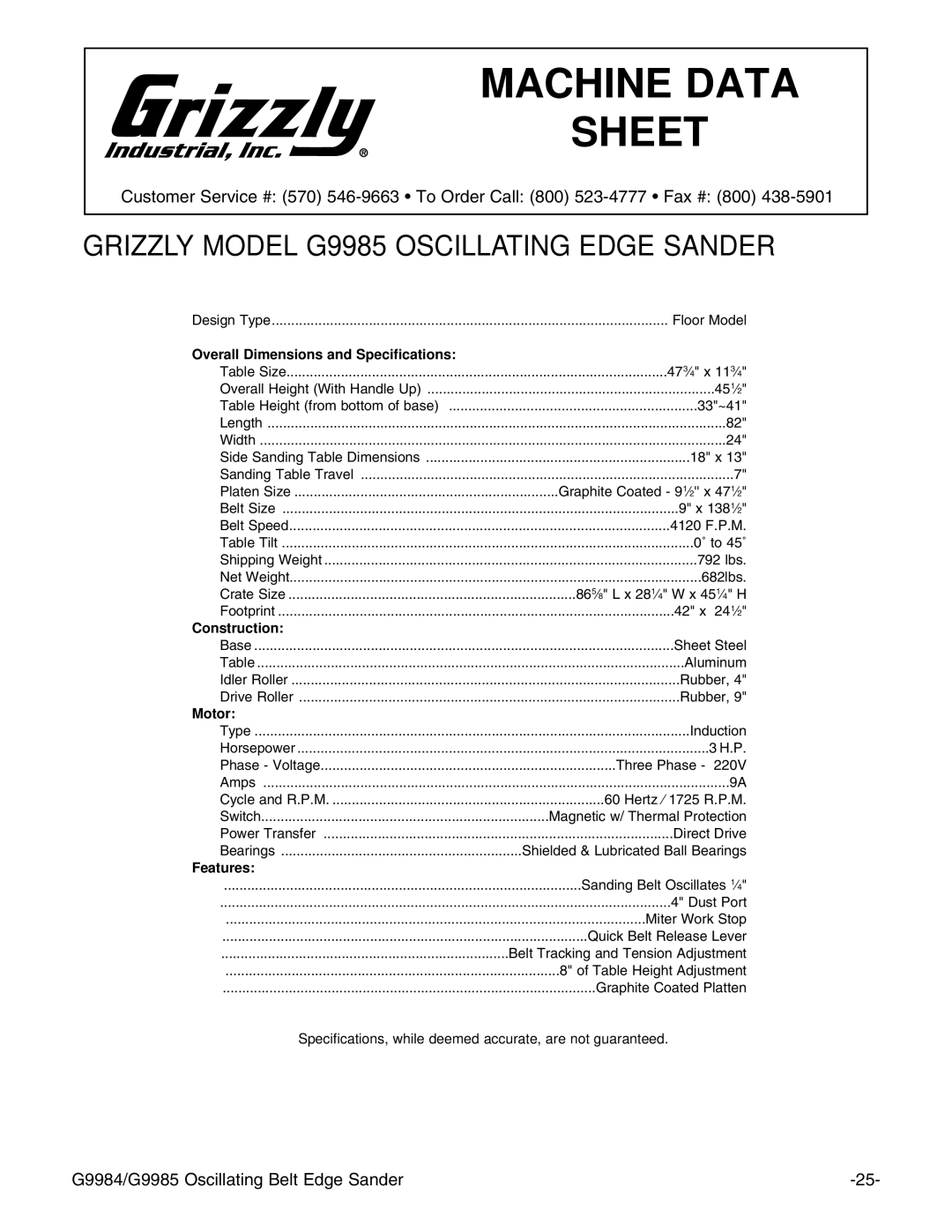 Grizzly G9984/G9985 instruction manual Grizzly Model G9985 Oscillating Edge Sander 