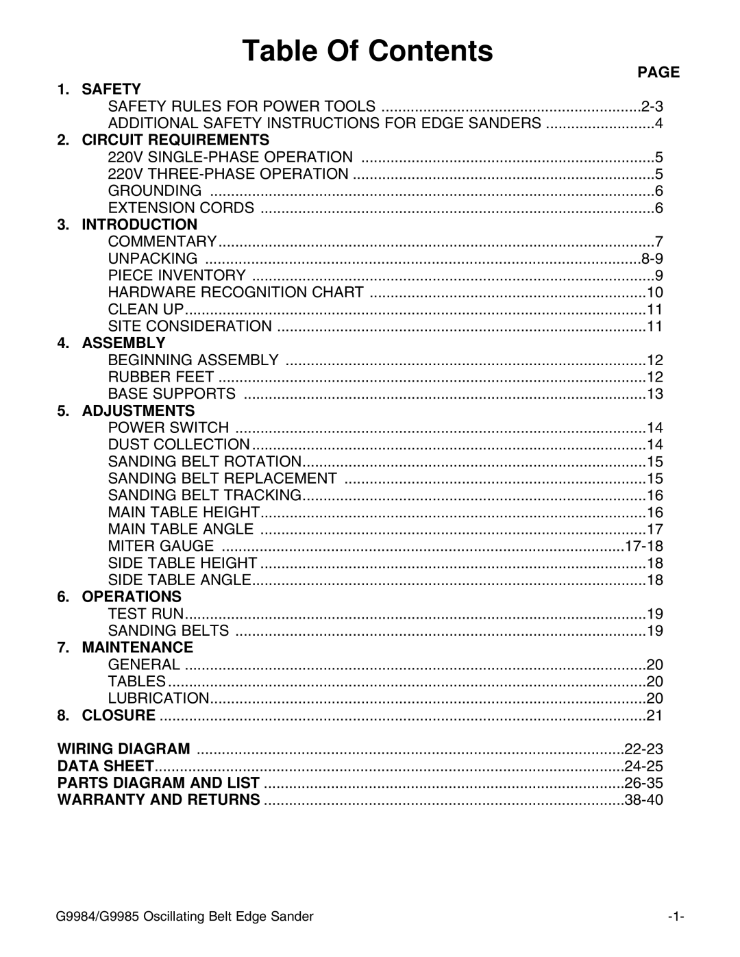 Grizzly G9984/G9985 instruction manual Table Of Contents 