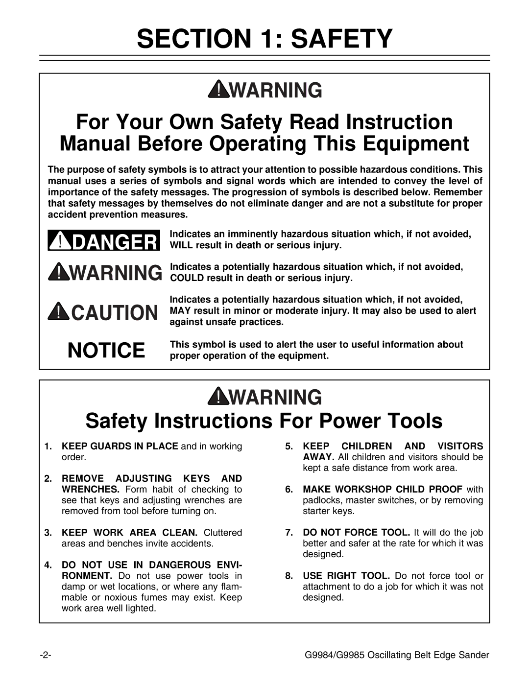 Grizzly G9984/G9985 instruction manual Safety Instructions For Power Tools 