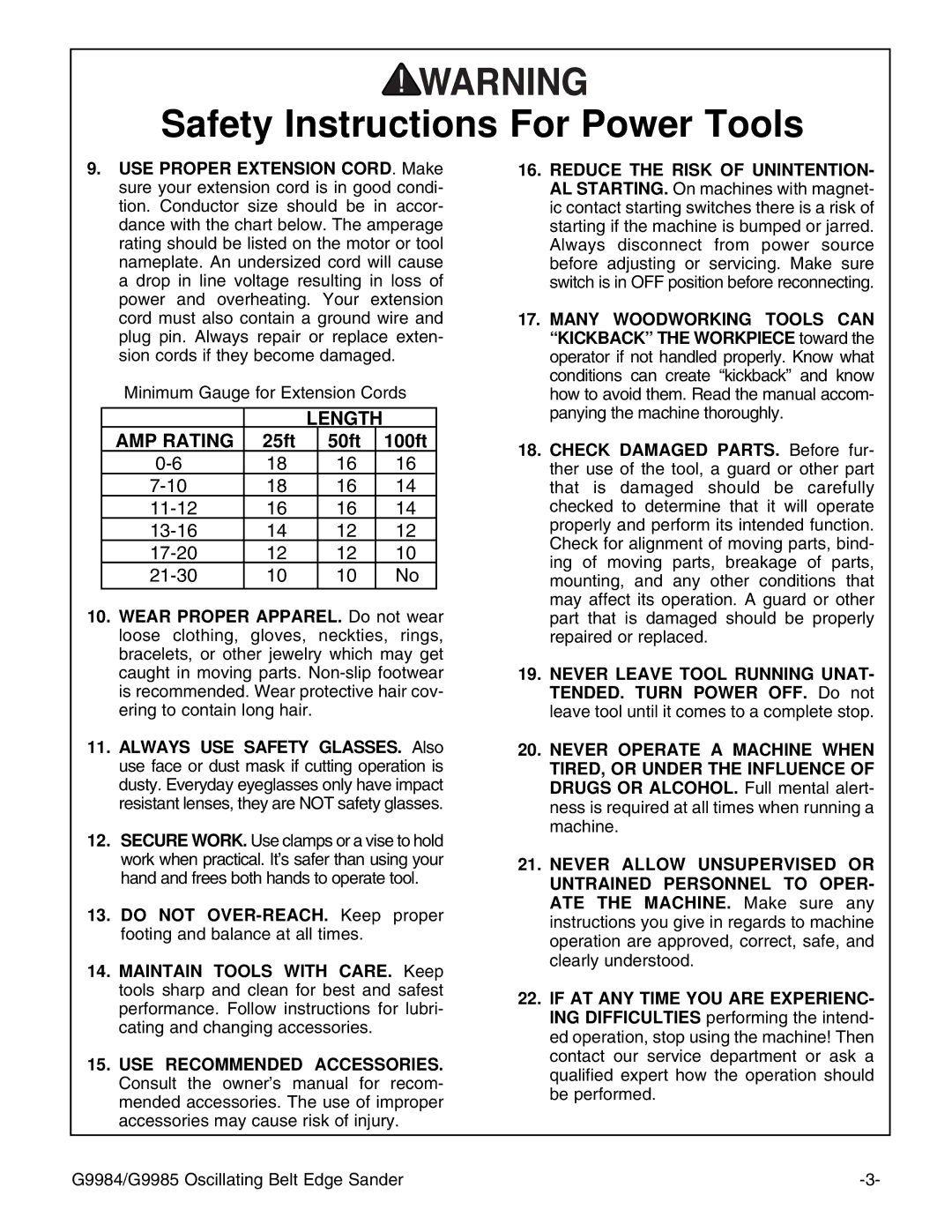 Grizzly G9984/G9985 instruction manual Length AMP Rating 