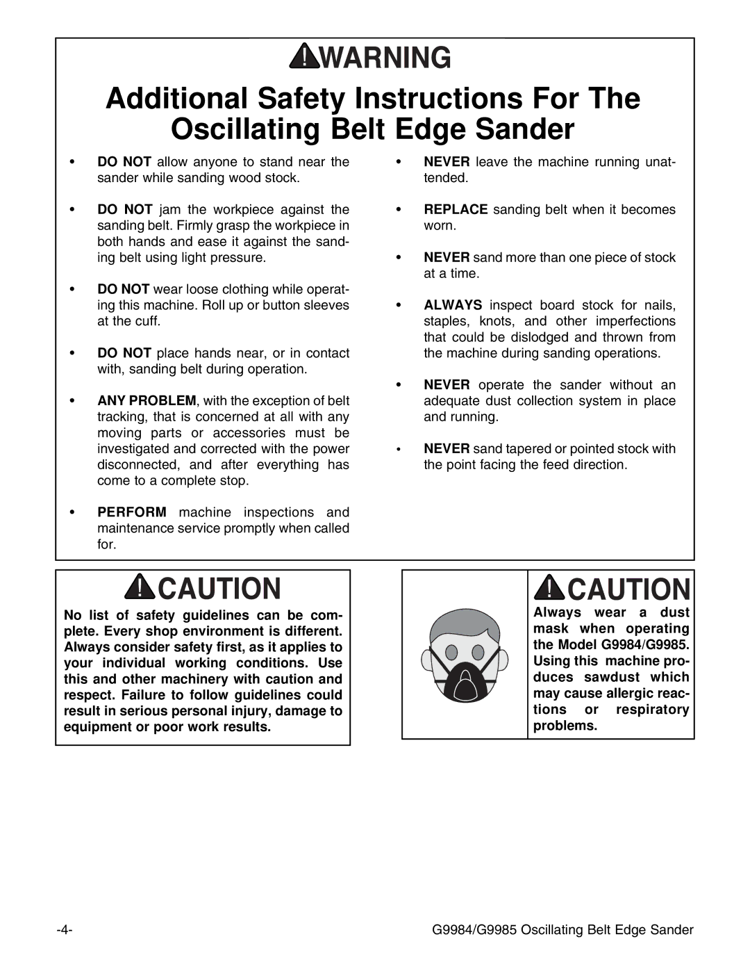 Grizzly instruction manual G9984/G9985 Oscillating Belt Edge Sander 