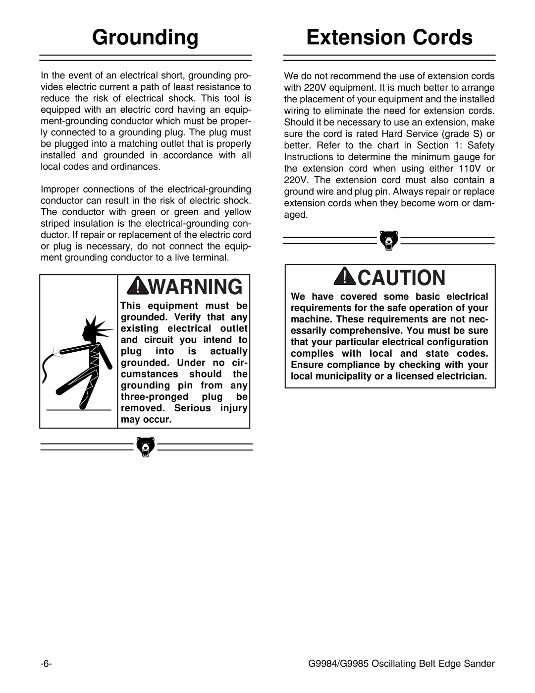 Grizzly G9984/G9985 instruction manual Grounding Extension Cords 