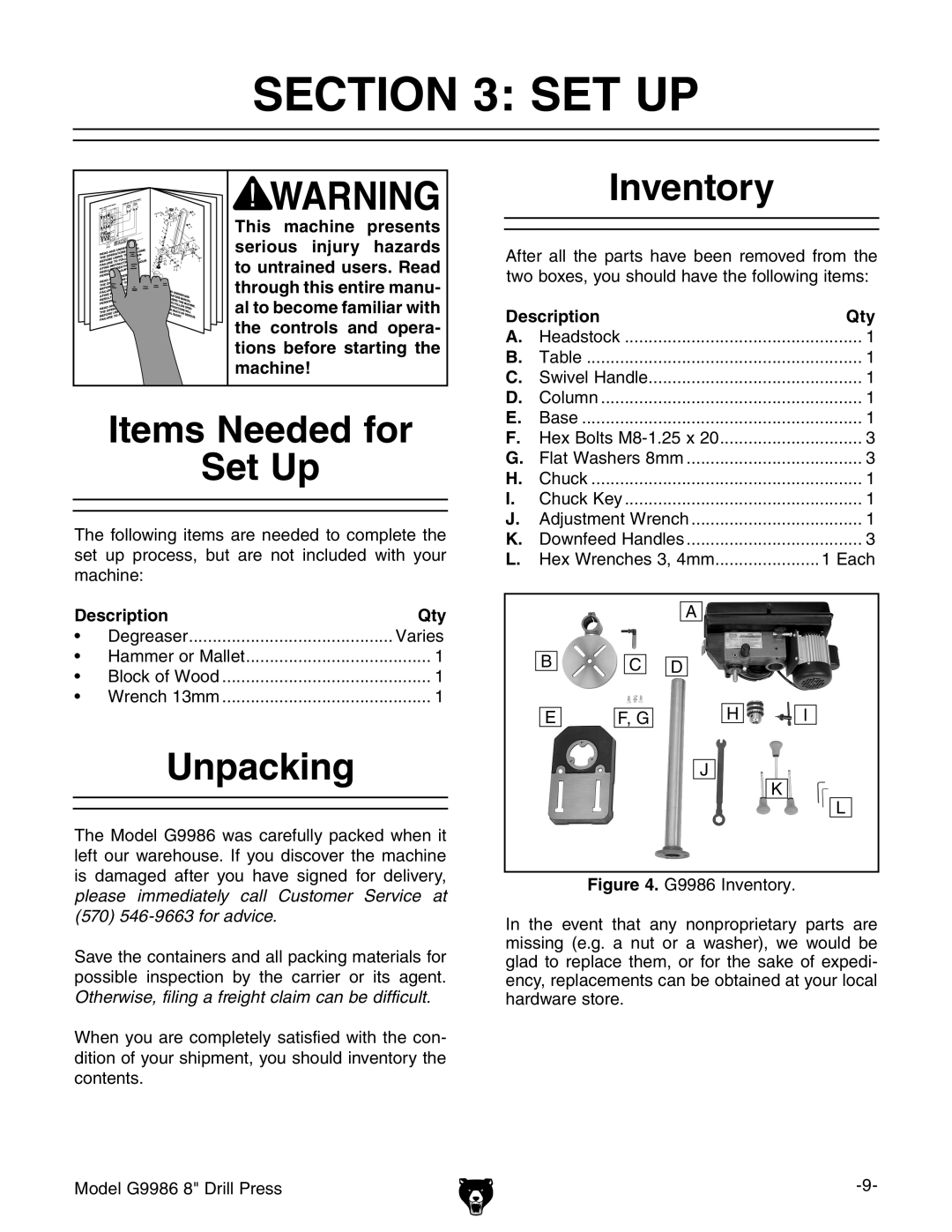 Grizzly G9986 instruction manual Items Needed for Set Up, Inventory, Unpacking 