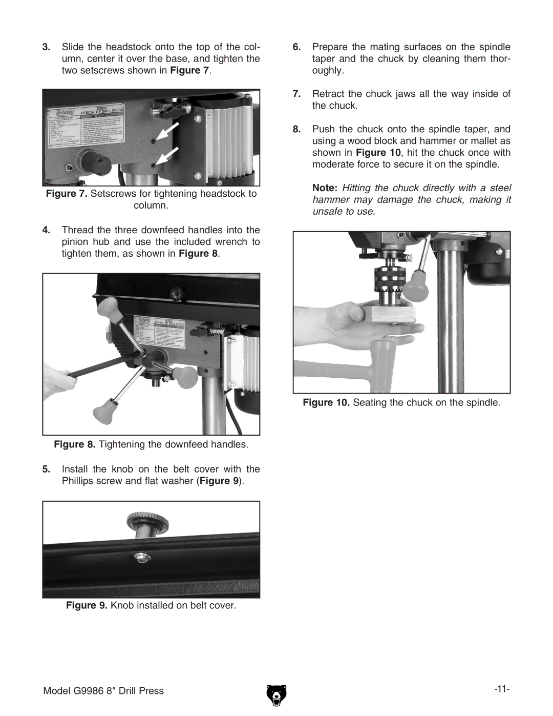 Grizzly G9986 instruction manual Seating the chuck on the spindle 