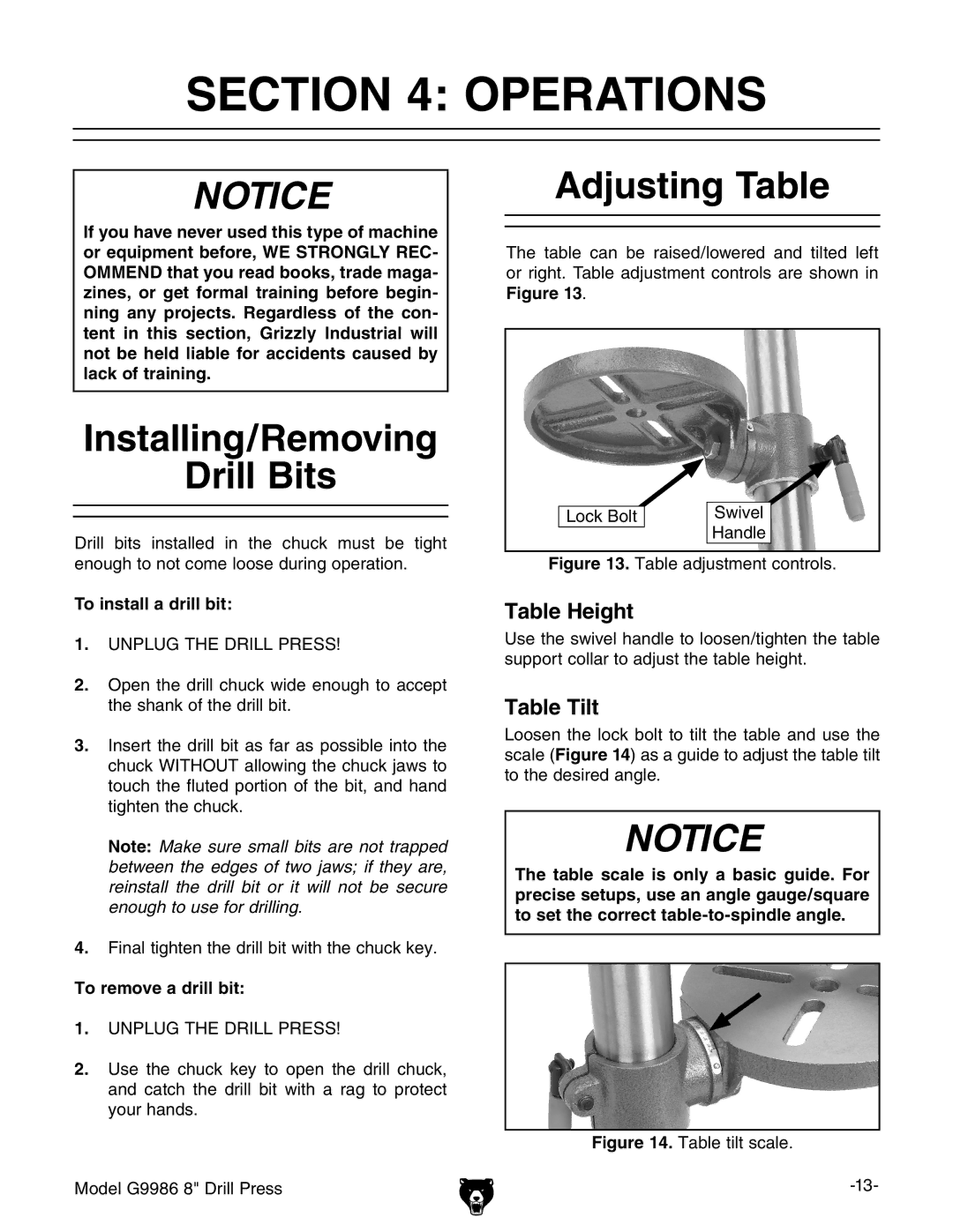 Grizzly G9986 instruction manual Operations, Installing/Removing Drill Bits, Adjusting Table, Table Height, Table Tilt 