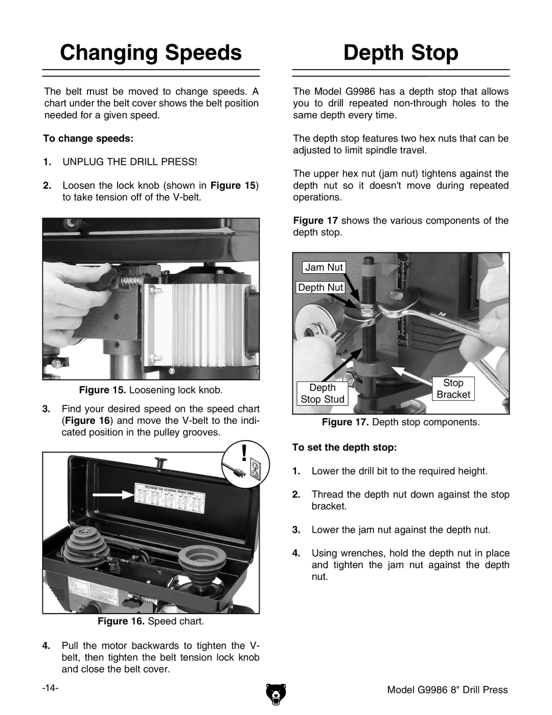 Grizzly G9986 instruction manual Changing Speeds, Depth Stop, To change speeds, To set the depth stop 