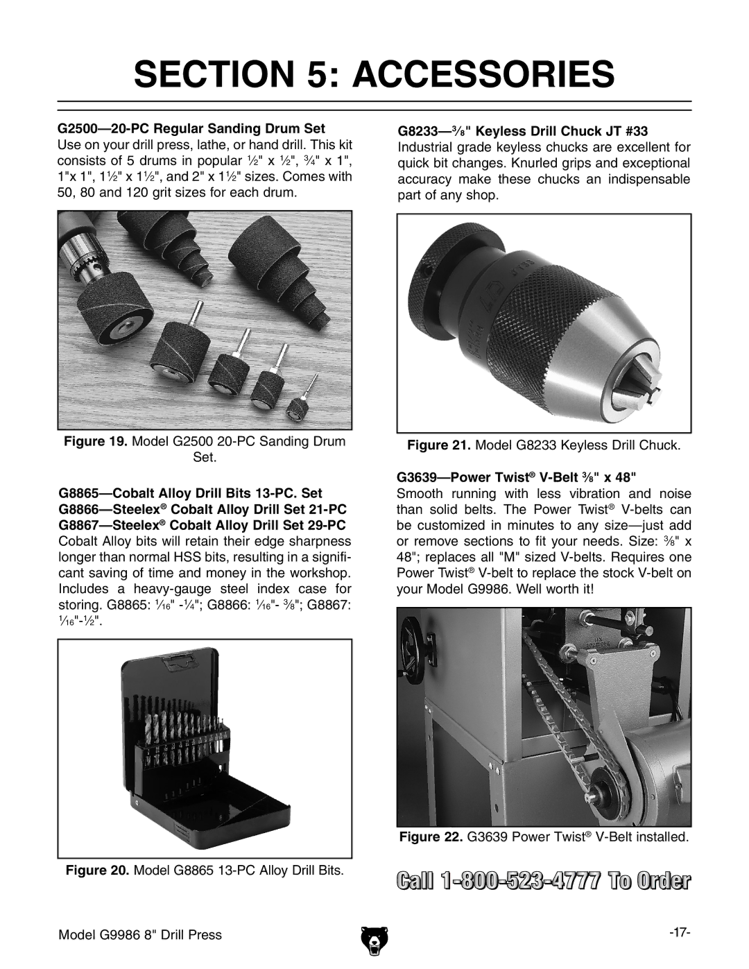 Grizzly G9986 instruction manual Accessories, G3639-Power Twist V-Belt 3⁄8 x 