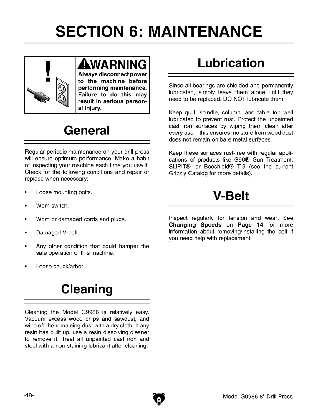 Grizzly G9986 instruction manual Maintenance, General, Cleaning Lubrication, Belt 