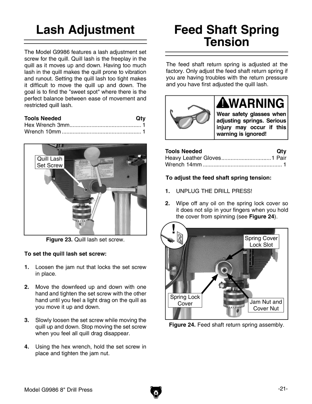 Grizzly G9986 instruction manual Lash Adjustment, Feed Shaft Spring Tension 