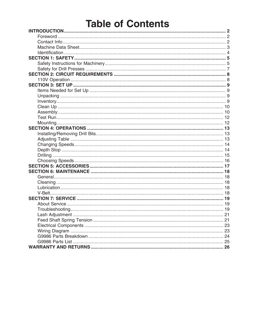 Grizzly G9986 instruction manual Table of Contents 