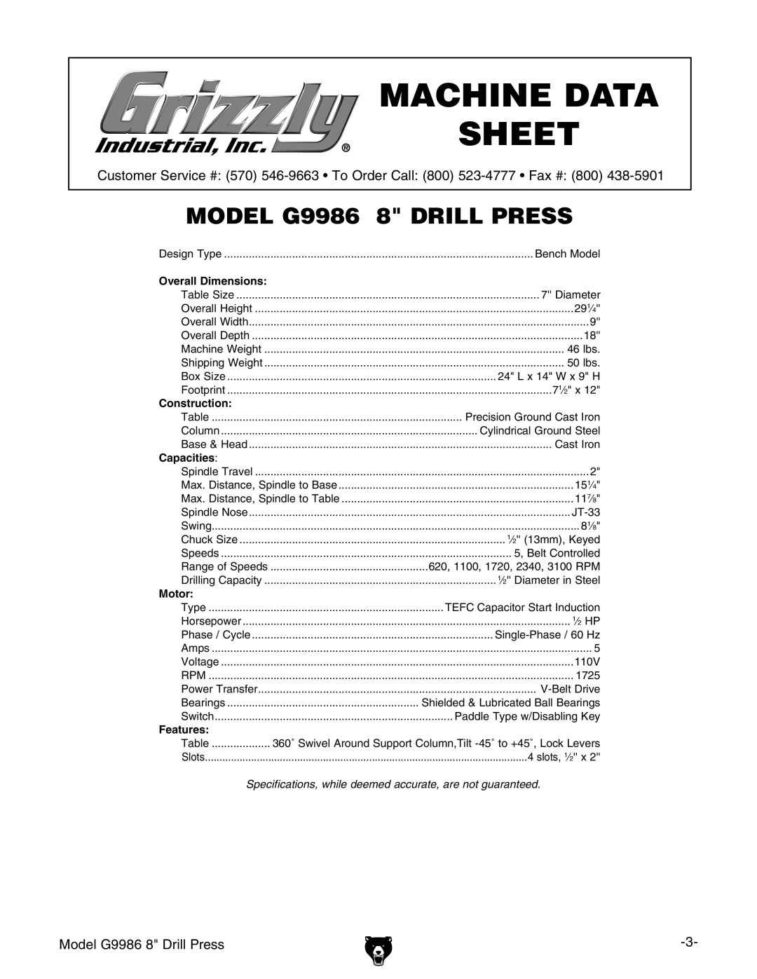 Grizzly G9986 instruction manual Machine Data Sheet 