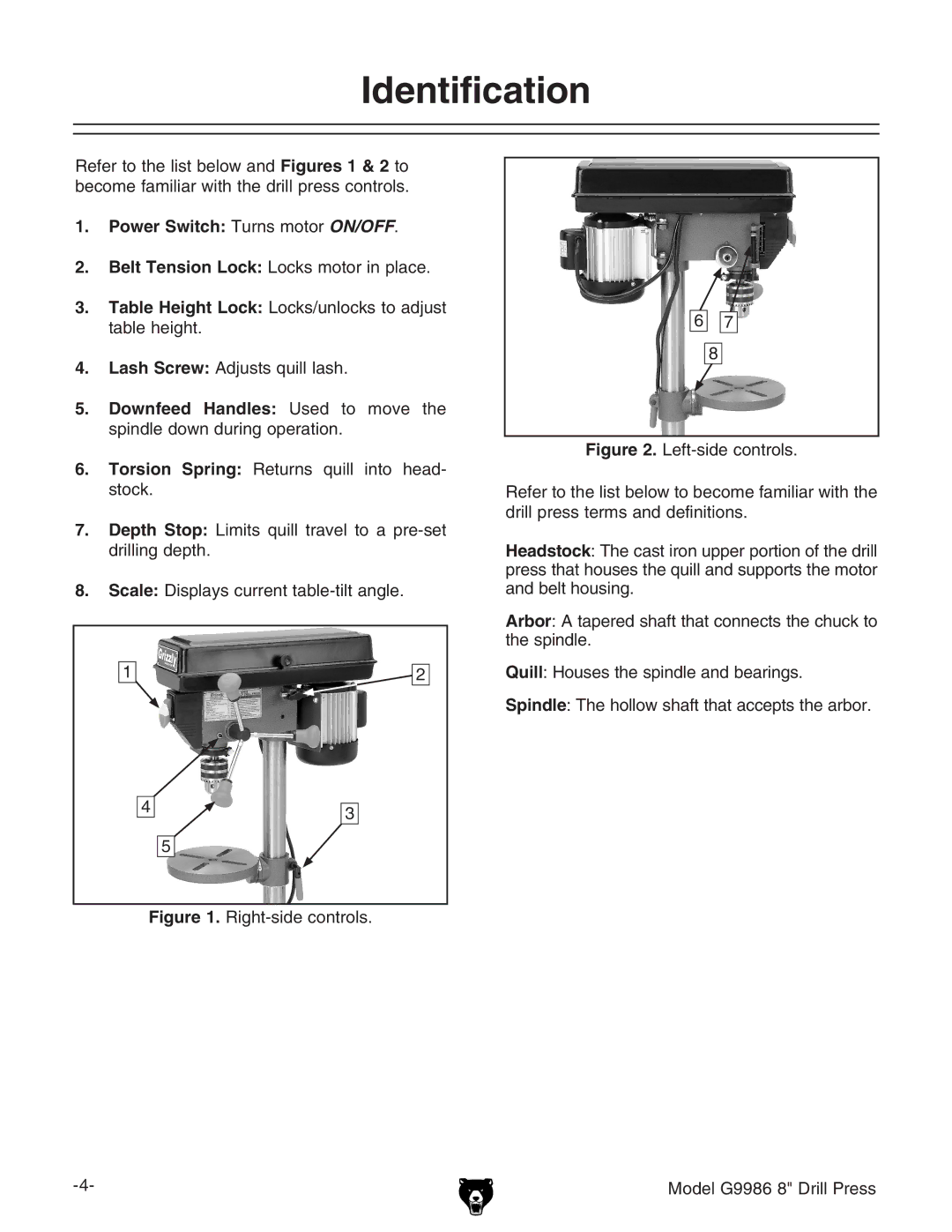 Grizzly G9986 instruction manual Identification, Power Switch Turns motor ON/OFF 